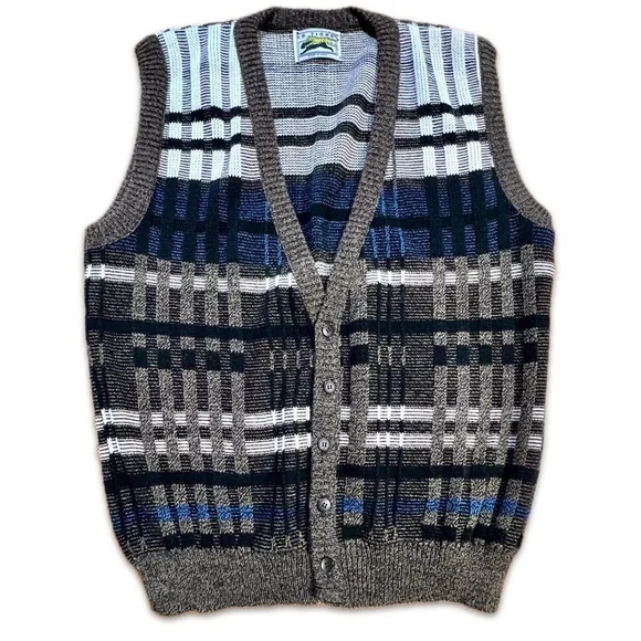 VINTAGE 80s plaid knit sweater vest button front cardigan earthy neutral grandpa