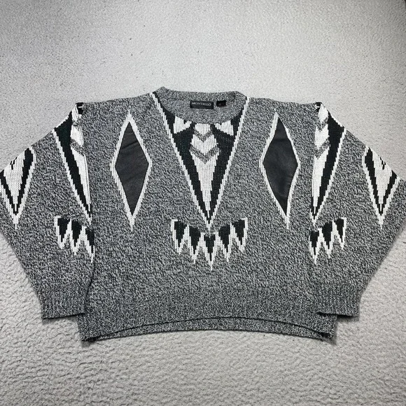 Vintage Montello Sweater Mens Medium Gray Aztec Geometric Knit Leather Crewneck‎