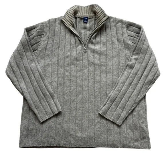 VTG Y2K GAP 100% Lambswool Quarter Zip Sweater XXL Gray Rib Knit Winter Classic