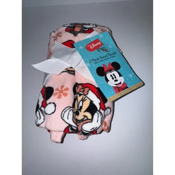 New Disney Minnie Mouse Christmas Pink 2 Pack  Hand Towels 16” x 28”