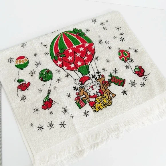 VTG 70s Santa Christmas Hand Towel Santa Claus Balloon Fringe NOS MCM Kitsch