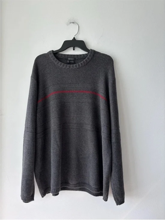 90s VTG DKNY Sweater Gray Red Stripe Pullover Long Sleeve Cotton Mens XL Preppy