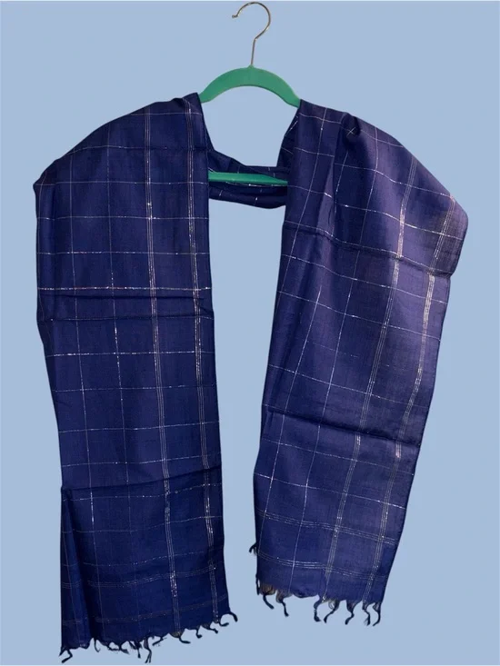 Handmade Royal Blue Striped Plaid Fringed Scarf with Silver Strands
