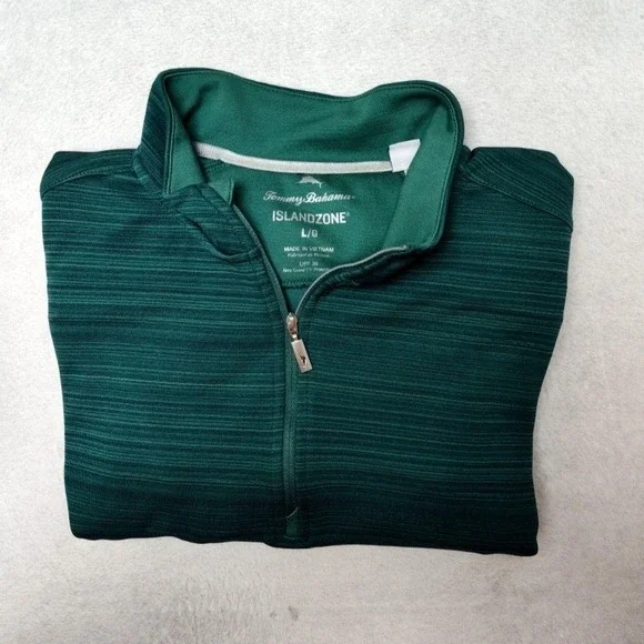 Tommy Bahama Pullover Mens L Green IslandZone 1/4 Zip Mock Neck Striped Golf
