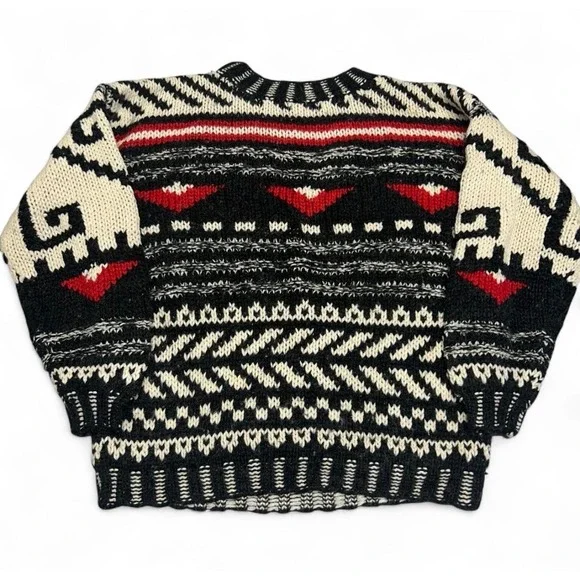 Flexible Vintage Chunky Knit Geometric Tribal Sweater Black Red White Mens M