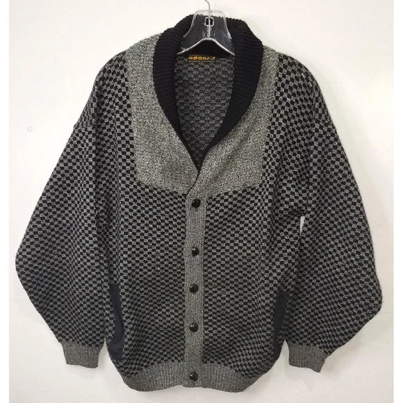 Oscar Originales Vintage Shawl Collar Cardigan Sweater Black Grey Waffle Knit L