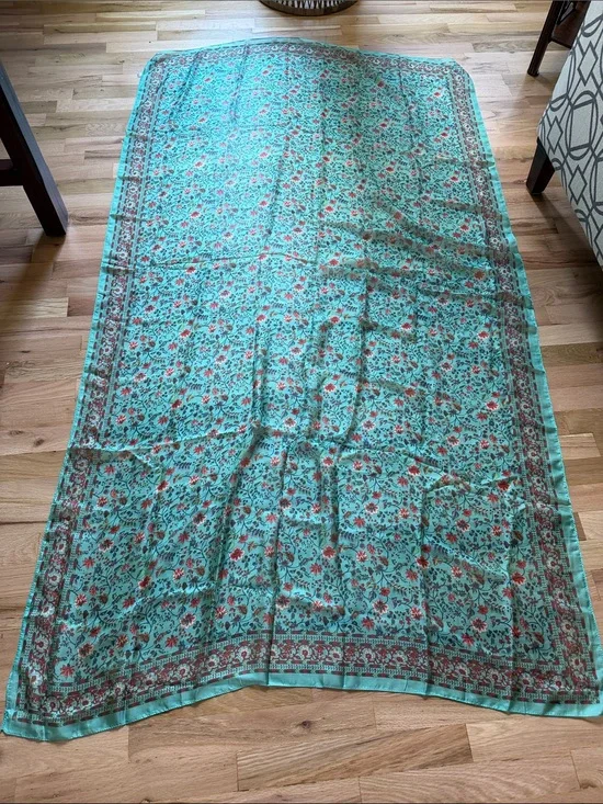 Light Teal Floral Silk  and viscose Scarf