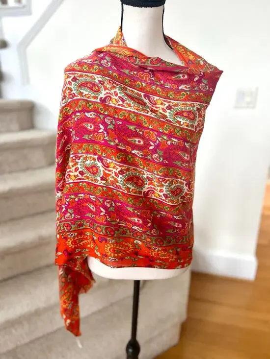 Orange Pink Green Paisley Print Shawl Wrap Scarf