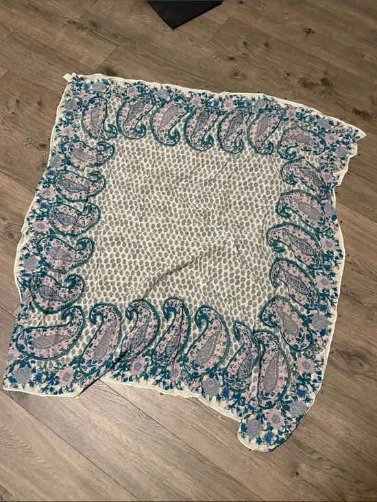 Lucky Brand Cream Paisley Border Scarf with Teal and Pink Accents
