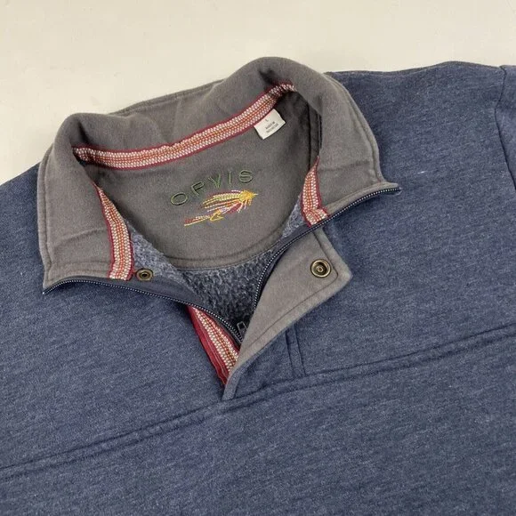 Orvis 1/4 Zip Pullover Sweater Men’s L Fleece Lined Cotton Blend Navy Casual