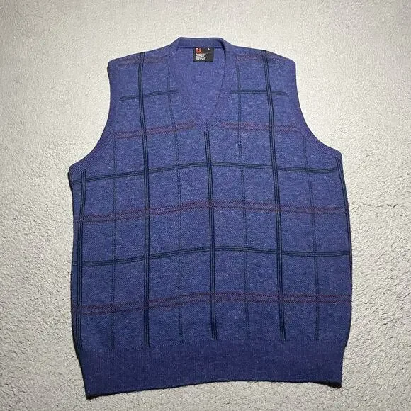 Vtg Robert Bruce Sweater Vest Mens Large Blue Acrylic Made in USA V Neck Union