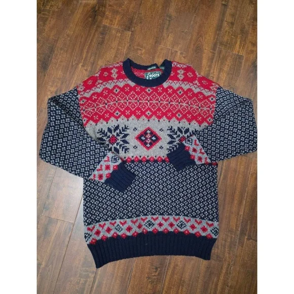 Roots Outdoors Canadian‎ 100% Wool Mens Medium Fair Isle Crew Neck Sweater