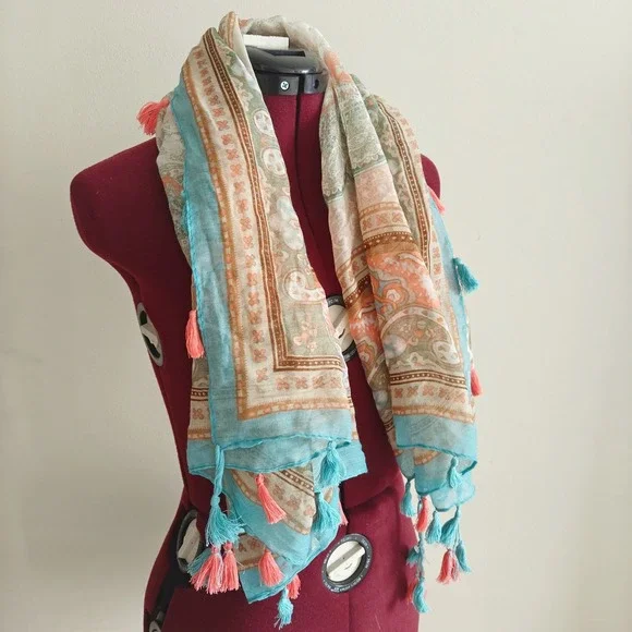 Spun by Subtle Luxury Teal Salmon Pink Paisley Tassel Square Scarf Bohemian