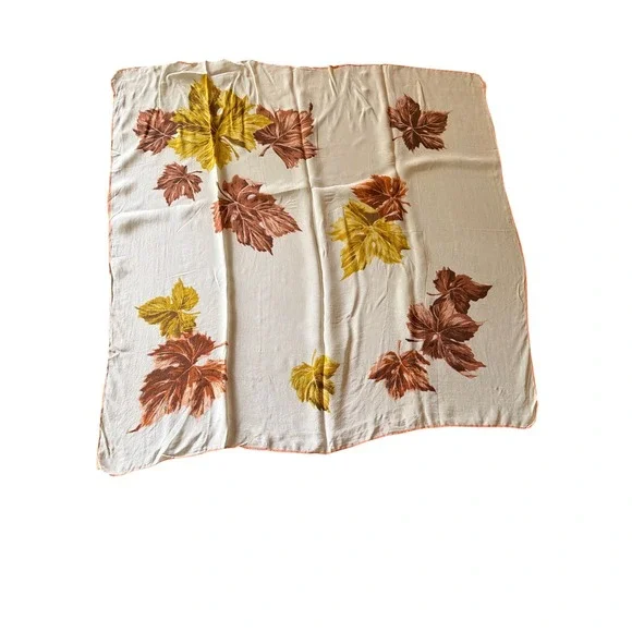 Scarf Cream Vintage Maple Leaf Print Autumnal Square Hand Rolled Edge