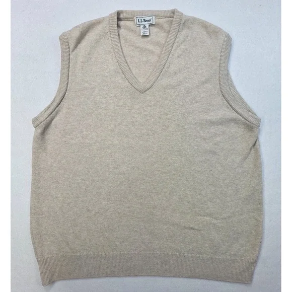 LL Bean Sweater Vest‎ Mens XL Scotland Made Lambswool Beige V-Neck LIMITED USE