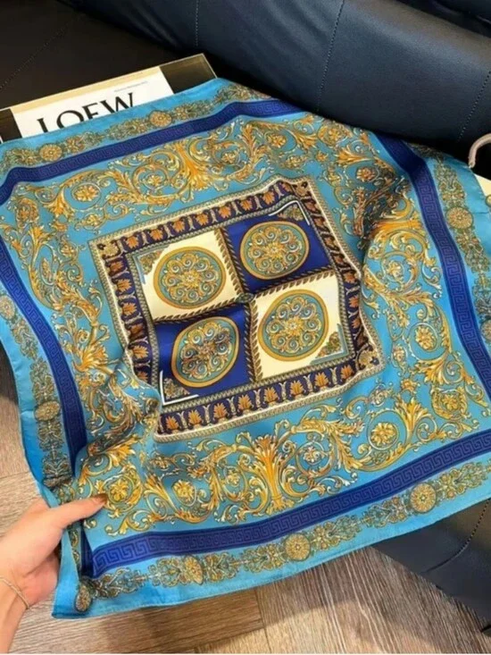 Silk-feel Blue and Gold Scarf Women Head Scarf , Neck Scarf