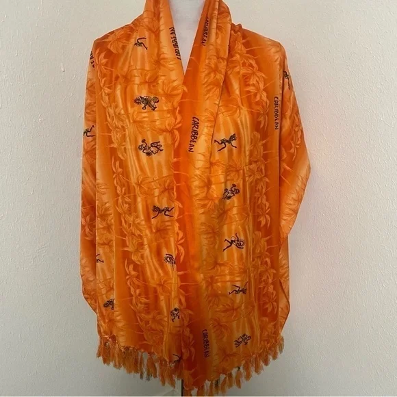 Boho Jamaican Reggae Caribbean Dancer Print All Over Orange Shawl/Scarf/Wrap EUC