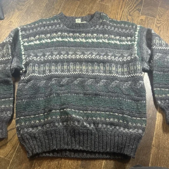 Vintage Eddie Bauer Sweater Mens Large Gray Green‎ Aztec Wool Blend Fair Isle