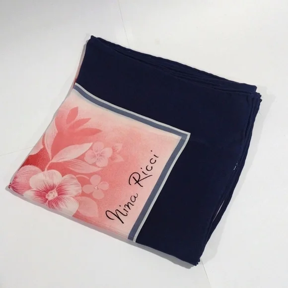 Luxury Nina Ricci Silk Scarf – Pink Floral Design with Blue, Grey & White 30x30