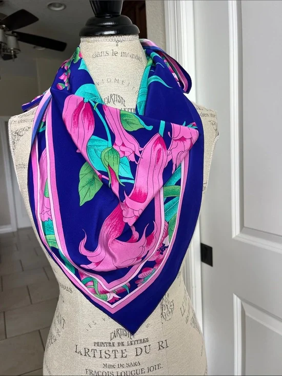 EUC beautiful vibrant, blue, and bold pink floral large scarf. 32