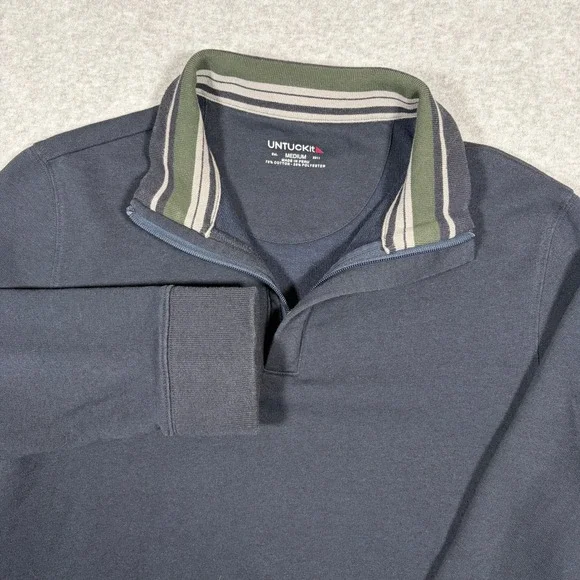 UNTUCKit Quarter Zip Pullover Mens Medium Navy Blue Striped Collar Sweatshirt