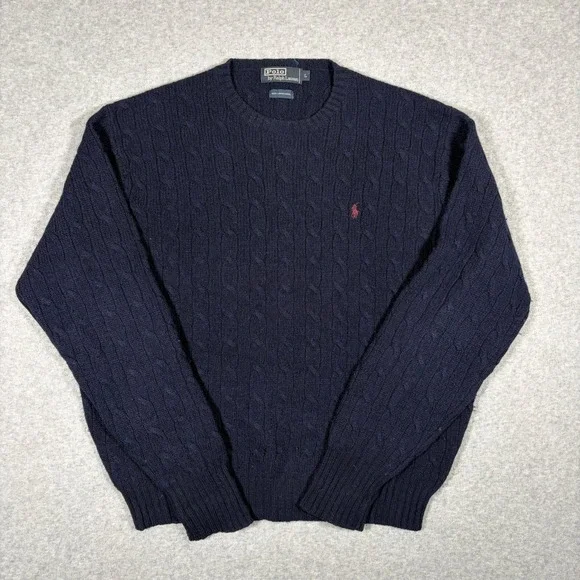 Vintage Polo Ralph Lauren Sweater Mens Large Navy Blue Cable Knit Lambswool 90s