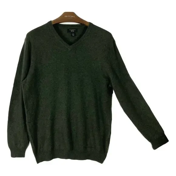 NWOT CASHMERE CLUB ROOM LUXURY Sweater Men L Cashmere Green V-Neck Ribbed Trim