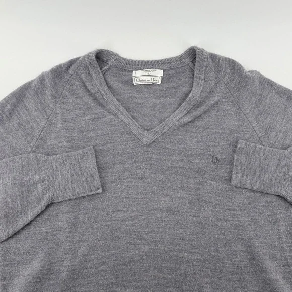 Christian Dior Vintage V-Neck Sweater Orlon Acrylic Knit Logo Gray Large USA 80s