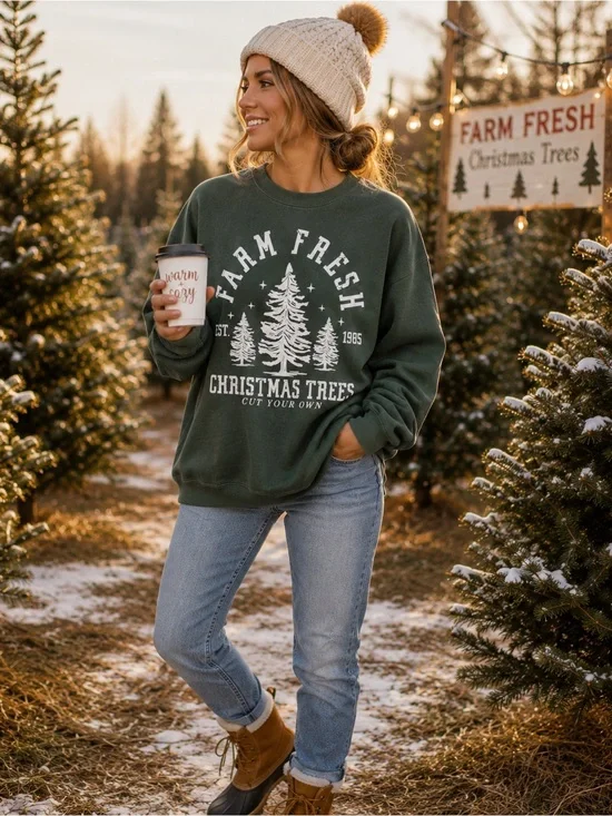 Comfort Colors Christmas Trees Sweatshirt M Farm Fresh Holiday Graphic Crewneck
