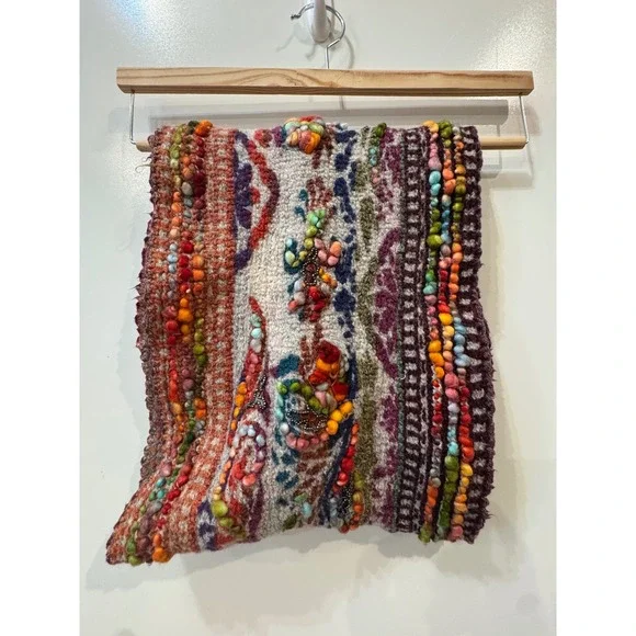 Anthropologie Wool Multi-Color Beaded Pom Pom Scarf Wrap boho art statement