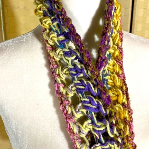 PINK PURPLE Bohemian HAND CROCHETED LONG SKINNY WINTER SCARF BARBIE EUC