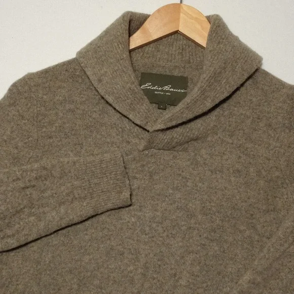 VTG Eddie Bauer Sweater Mens L 100% Lambswool Shawl Collar Academia Tan Heather
