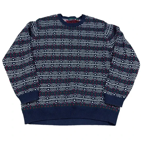 Vintage Grandpa Sweater Men XLT Blue Red Heavy Chunky Knit Geometric Nordic 90s‎