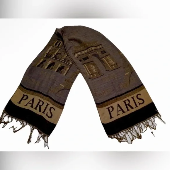 PARIS SCARF SHAWL WRAP VISCOUS BROWN BEIGE FRINGES EIFFEL  TOWER ARC DE TRIOMPHE