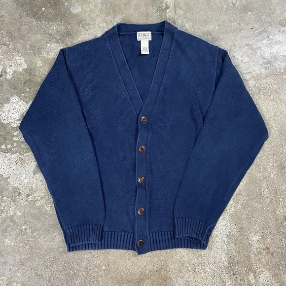 Vintage 90s L.L. Bean Cardigan Size Medium Navy Blue Button Down V-Neck Knit