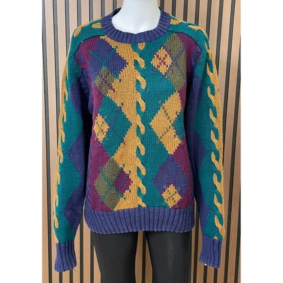 417 Van Heusen Men's M Blue Sweater Blue 80s Cable Knit‎ Argyle Vintage