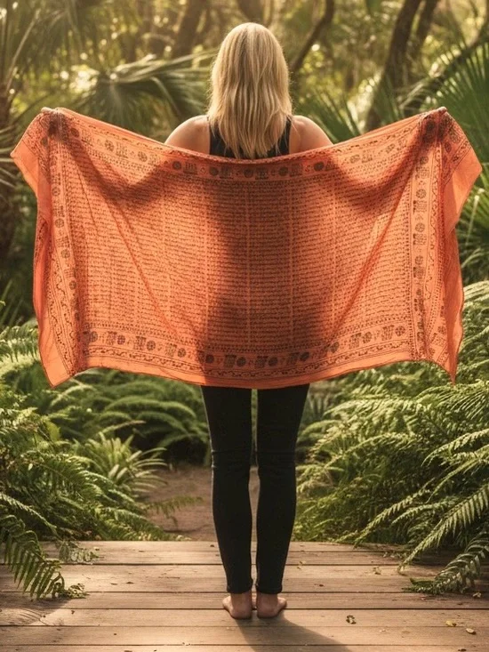 Cotton Meditation Yoga Prayer Shawl with Om Mantra Print in Peach Orange