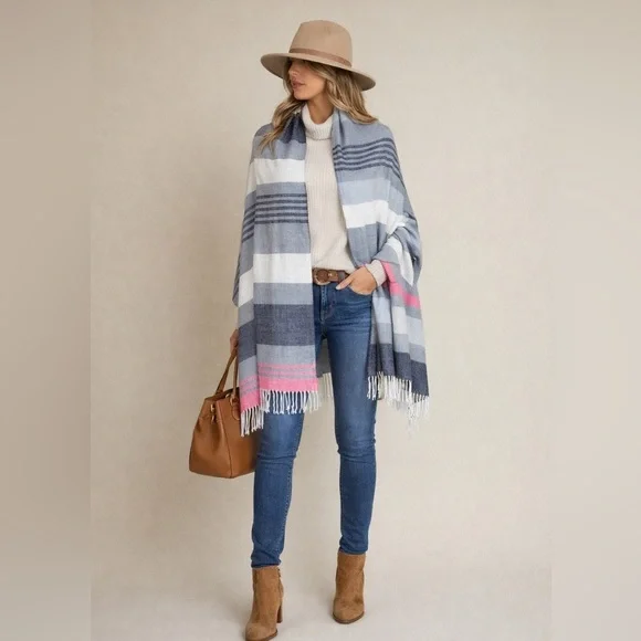 NEW | GAP Striped Scarf Wrap Blanket Fringe Pink White Gray Blue