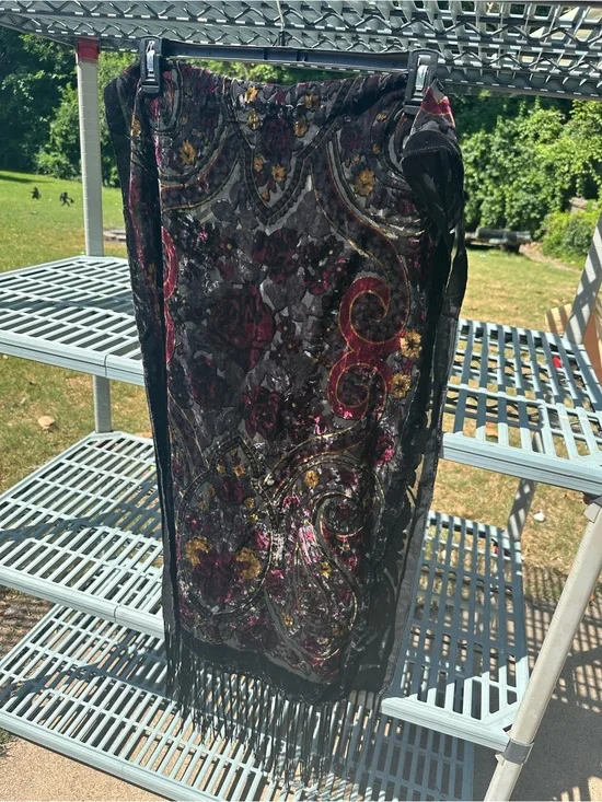 Vintage Black Velvet Burnout Floral Fringe II Scarf with red roses