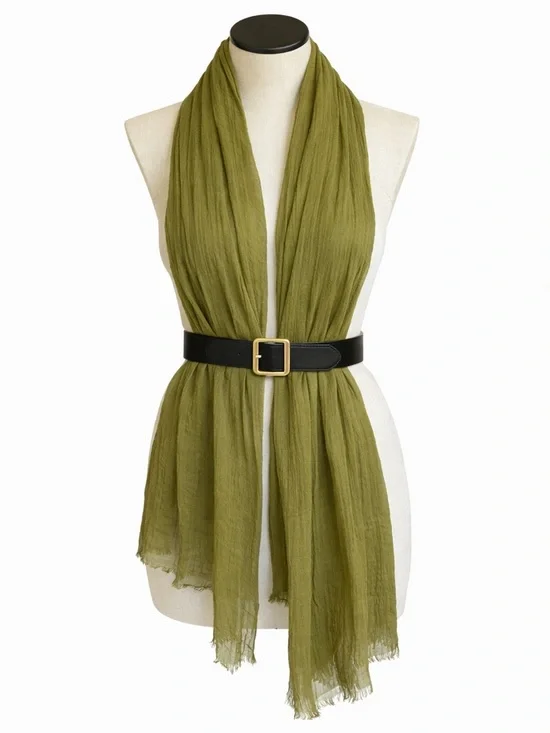 Olive Green Gauzy Scarf Lightweight Crinkle Texture Boho Wrap