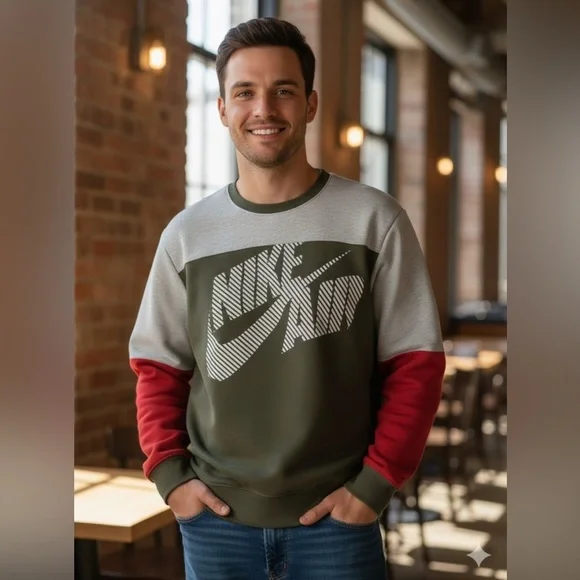 Nike Men's Crewneck Sweater - Gray, Red, and Green