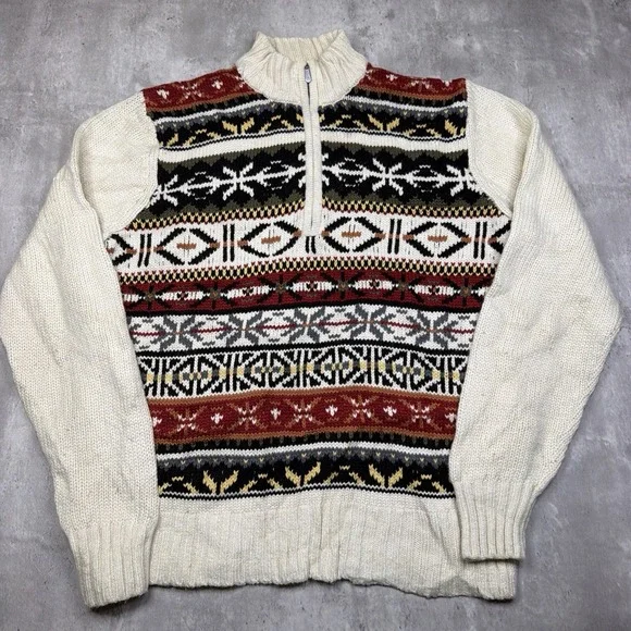 Vintage Style Izod Men's Fair Isle Nordic 1/4 Zip Ski Sweater Sz M Wool Blend