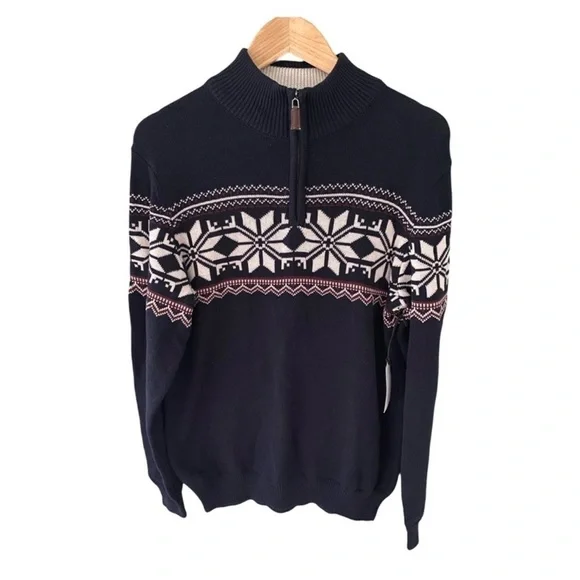 Aspen Long Sleeve Navy Quarter Zip Fair Isle Snowflake Sweater NWT Size S