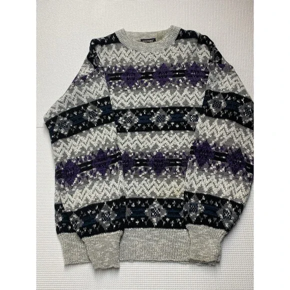 Vintage 90s Stefano Mens Grandpa Geometric Knit Crewneck Sweater LG Multicolor