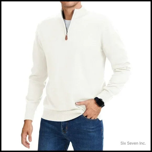 Slim Fit Quarter Zip Pullover Mock Neck Knit Sweater Business Casual Elegant