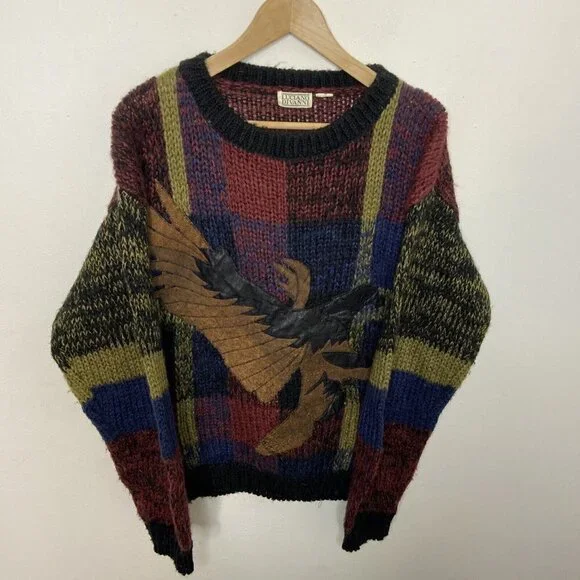 Vintage 90s Luciano Divanni Men M/L Sweater Leatherette Eagle America Hip‎ Hop