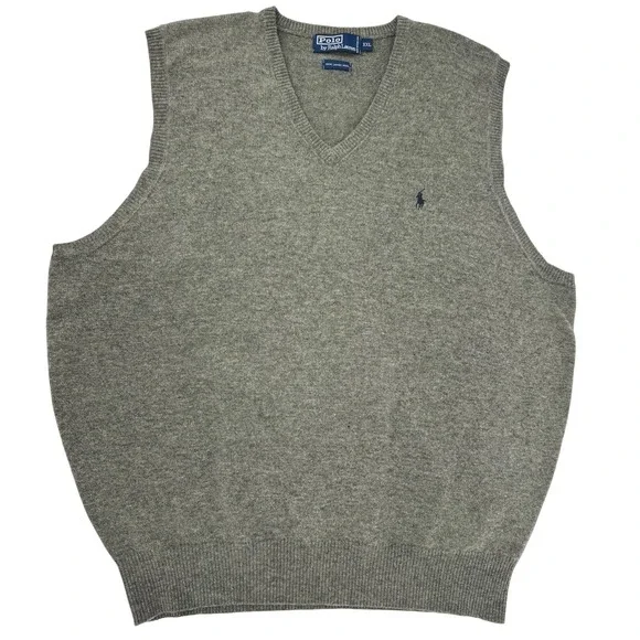 Polo Ralph Lauren Mens V Neck Sweater Vest XXL Lambs Wool‎ Heather Gray Logo