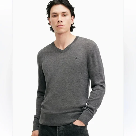 AllSaints Men’s Mode Merino Wool V-Neck Ramskull Sweater‎ Gray XXL