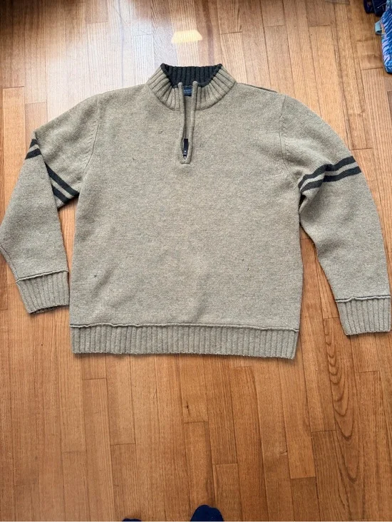 Fisherman Out Of Ireland Men L Lambswool Quarter Zip Sweater Striped Tan Wool
