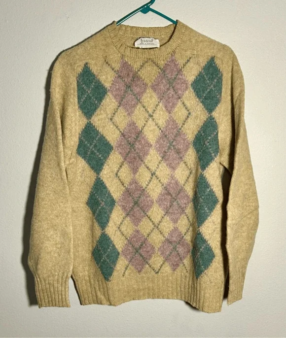 Vintage Trident 100% Shetland Wool Tan Teal Purple Argyle Scotland Sz XL